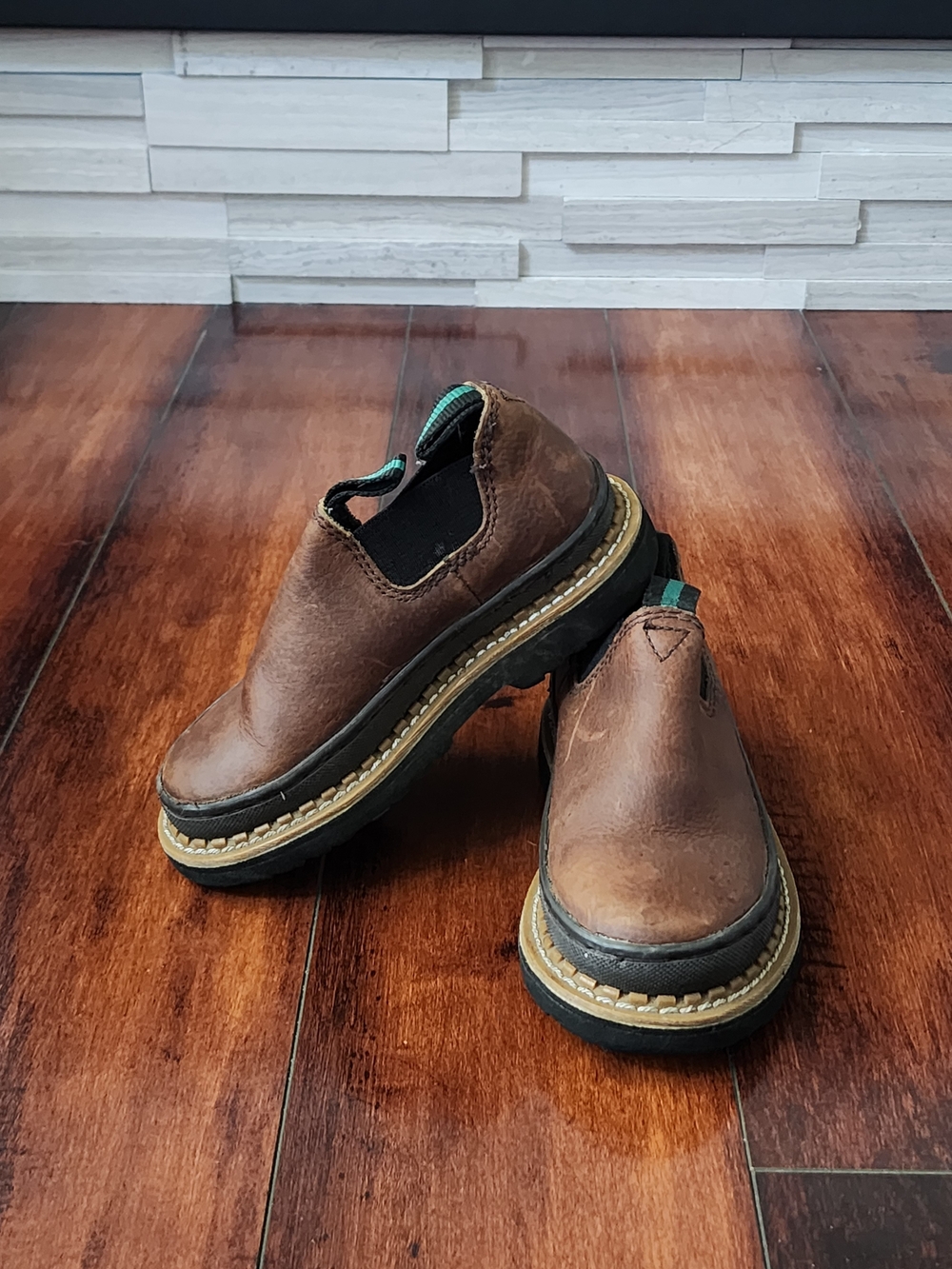 Georgia Boot Kids Brown Leather Slip-On Work Boots with Green Accents